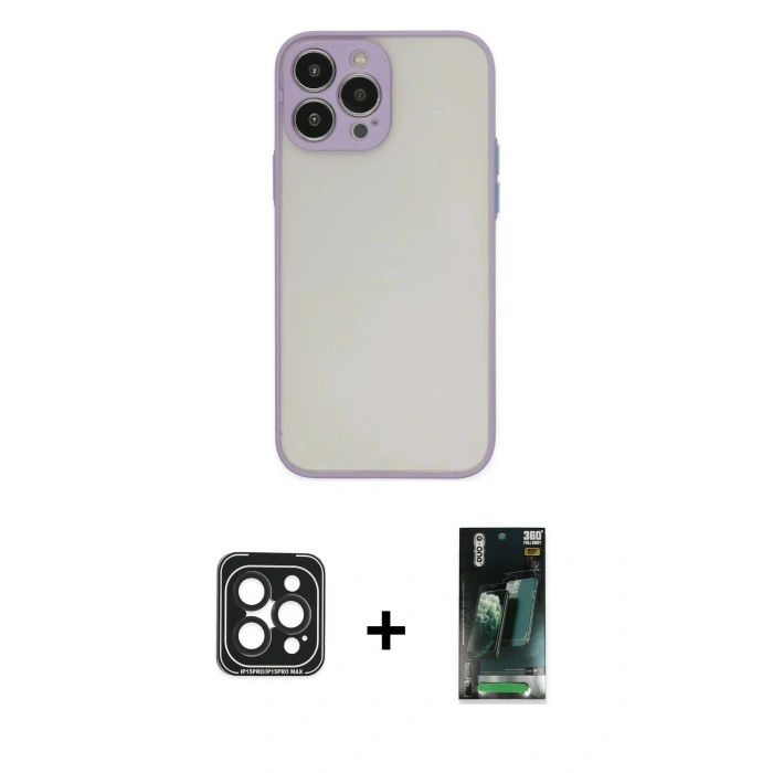 MARSİLYAN™- iPhone 15 Pro Max Kılıf Ahenk Çizgi Serisi - Siyah 360 Mat Full Body Arka Koruyucu + PVD Metal Kamera Lens - SH