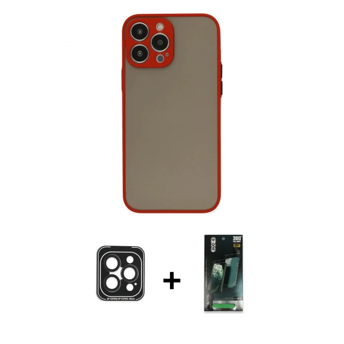 MARSİLYAN™- iPhone 15 Pro Max Kılıf Ahenk Çizgi Serisi - Siyah 360 Mat Full Body Arka Koruyucu + PVD Metal Kamera Lens - SH
