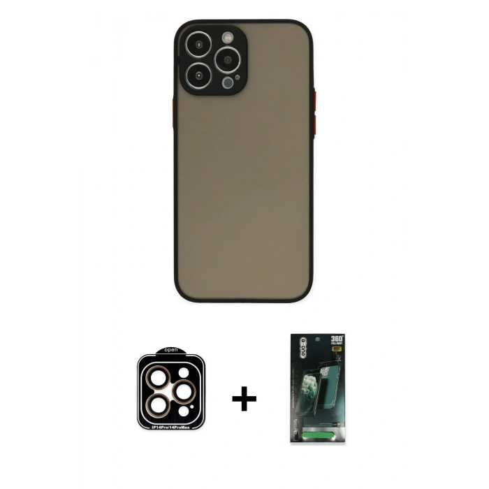 MARSİLYAN™- iPhone 15 Pro Max Kılıf Ahenk Çizgi Serisi - Siyah 360 Mat Full Body Arka Koruyucu + Turuncu PVD Metal Kamera Lens