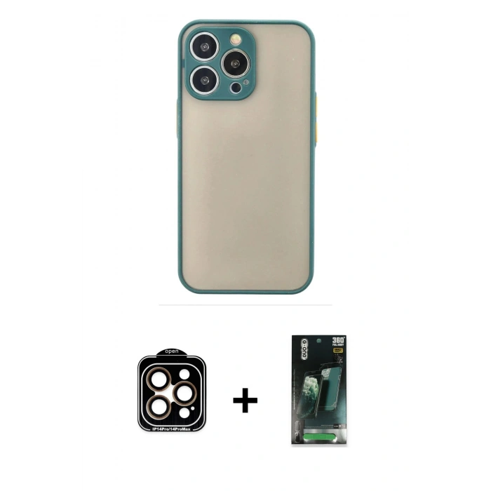 MARSİLYAN™- iPhone 15 Pro Max Kılıf Ahenk Çizgi Serisi - Siyah 360 Mat Full Body Arka Koruyucu + Turuncu PVD Metal Kamera Lens