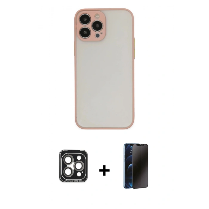 MARSİLYAN™- iPhone 15 Pro Max Kılıf Ahenk Çizgi Serisi - Siyah 3D Antistatik Hayalet Cam Ekran Koruyucu + PVD Metal Kamera Lens - GI