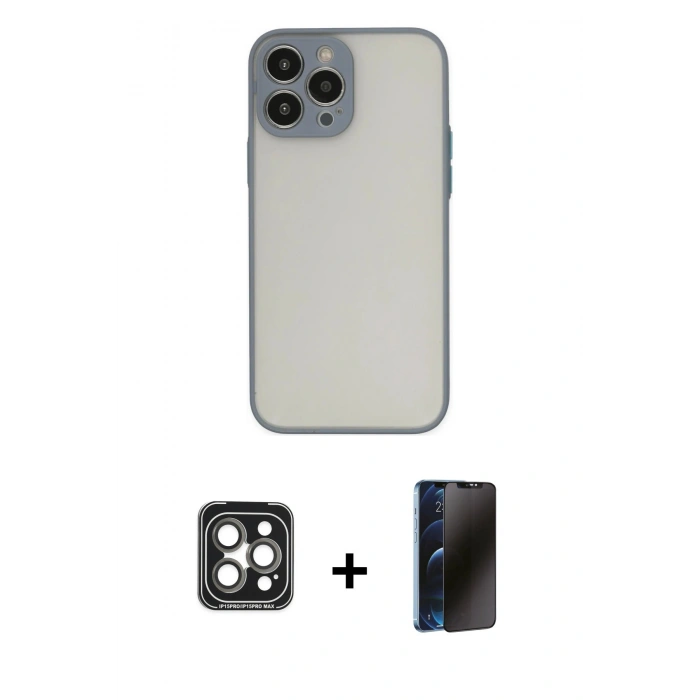 MARSİLYAN™- iPhone 15 Pro Max Kılıf Ahenk Çizgi Serisi - Siyah 3D Antistatik Hayalet Cam Ekran Koruyucu + PVD Metal Kamera Lens - GI