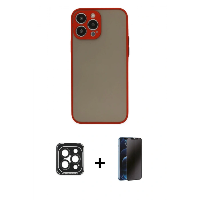 MARSİLYAN™- iPhone 15 Pro Max Kılıf Ahenk Çizgi Serisi - Siyah 3D Antistatik Hayalet Cam Ekran Koruyucu + PVD Metal Kamera Lens - SH