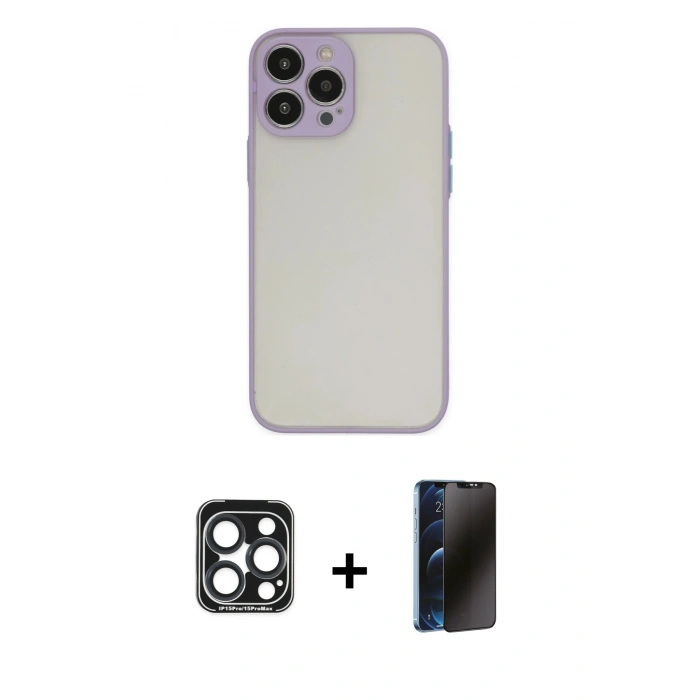 MARSİLYAN™- iPhone 15 Pro Max Kılıf Ahenk Çizgi Serisi - Siyah 3D Antistatik Hayalet Cam Ekran Koruyucu + Lacivert PVD Metal Kamera Lens