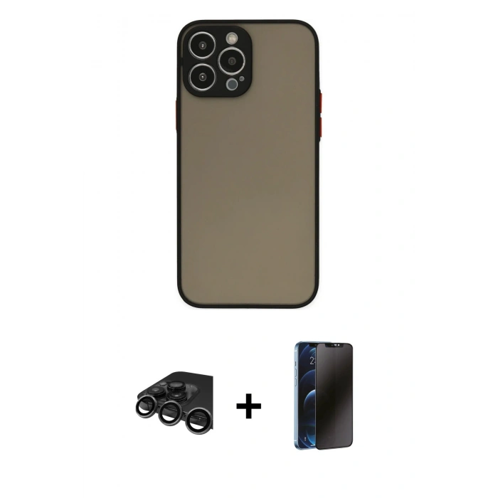 MARSİLYAN™- iPhone 15 Pro Max Kılıf Ahenk Çizgi Serisi - Siyah 3D Antistatik Hayalet Cam Ekran Koruyucu + Raze Metal Kamera Lens - TMGI