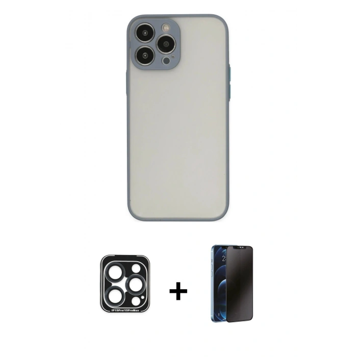 MARSİLYAN™- iPhone 15 Pro Max Kılıf Ahenk Çizgi Serisi - Siyah 3D Antistatik Hayalet Cam Ekran Koruyucu + Lacivert PVD Metal Kamera Lens