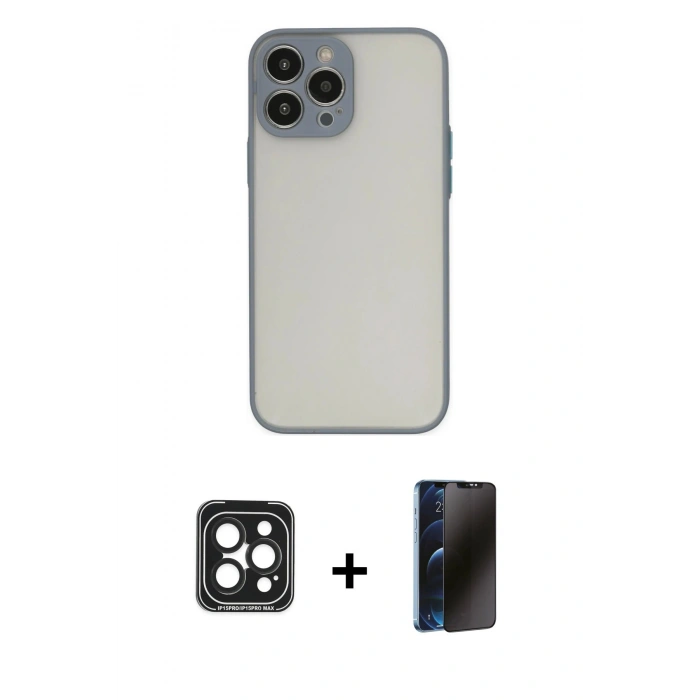 MARSİLYAN™- iPhone 15 Pro Max Kılıf Ahenk Çizgi Serisi - Siyah 3D Antistatik Hayalet Cam Ekran Koruyucu + PVD Metal Kamera Lens - SH