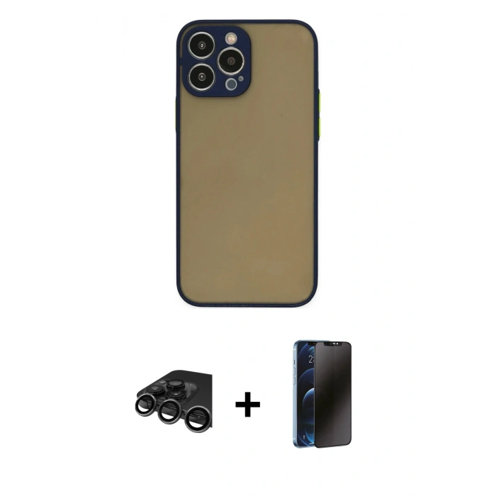 MARSİLYAN™- iPhone 15 Pro Max Kılıf Ahenk Çizgi Serisi - Siyah 3D Antistatik Hayalet Cam Ekran Koruyucu + Raze Metal Kamera Lens - TMGI
