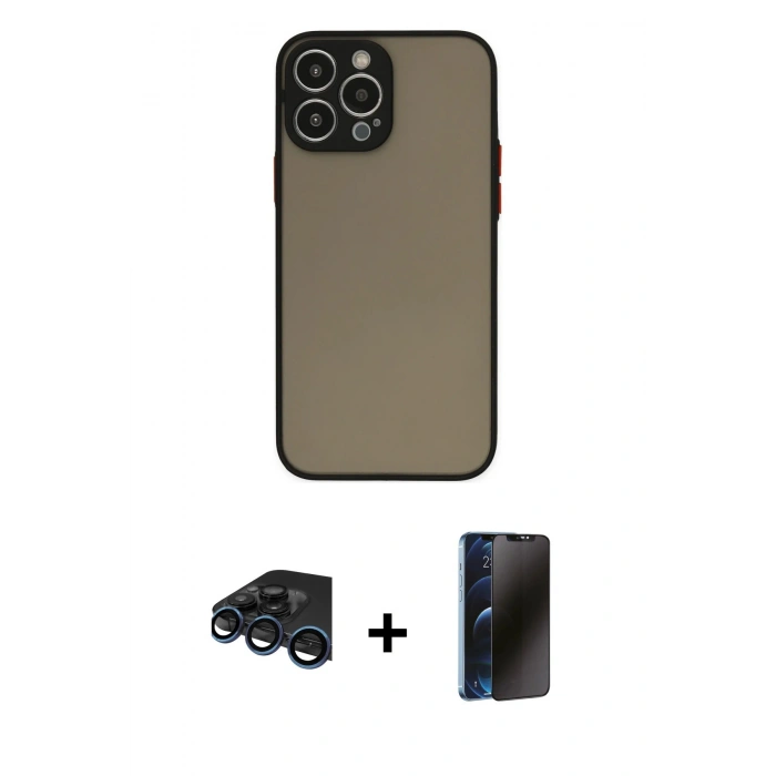MARSİLYAN™- iPhone 15 Pro Max Kılıf Ahenk Çizgi Serisi - Siyah 3D Antistatik Hayalet Cam Ekran Koruyucu + Raze Metal Kamera Lens - LT