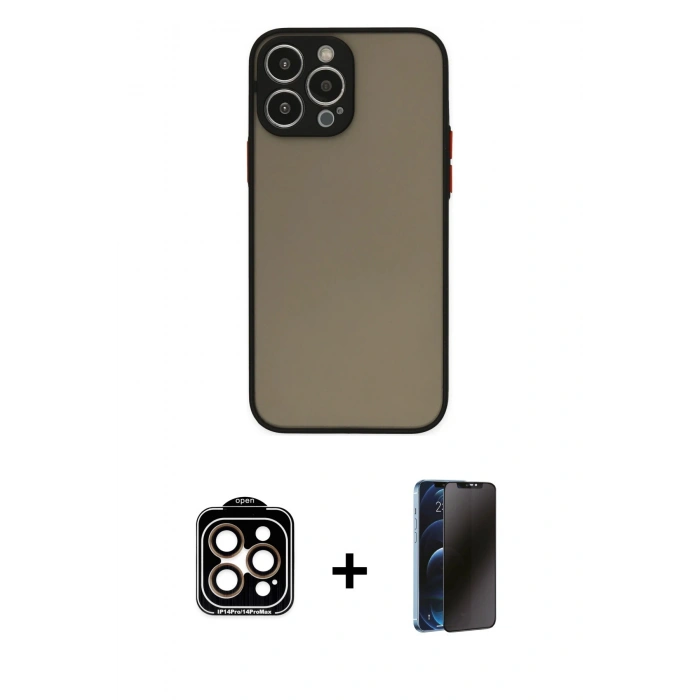 MARSİLYAN™- iPhone 15 Pro Max Kılıf Ahenk Çizgi Serisi - Siyah 3D Antistatik Hayalet Cam Ekran Koruyucu + PVD Metal Kamera Lens - TU