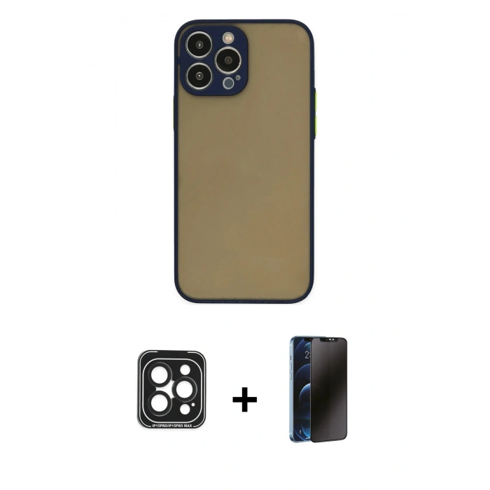 MARSİLYAN™- iPhone 15 Pro Max Kılıf Ahenk Çizgi Serisi - Siyah 3D Antistatik Hayalet Cam Ekran Koruyucu + PVD Metal Kamera Lens - SH