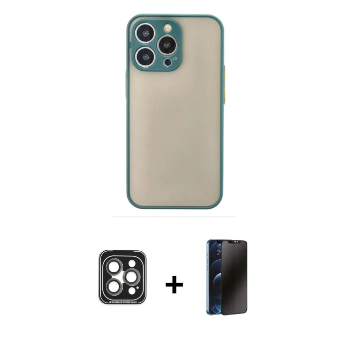 MARSİLYAN™- iPhone 15 Pro Max Kılıf Ahenk Çizgi Serisi - Siyah 3D Antistatik Hayalet Cam Ekran Koruyucu + PVD Metal Kamera Lens - GI
