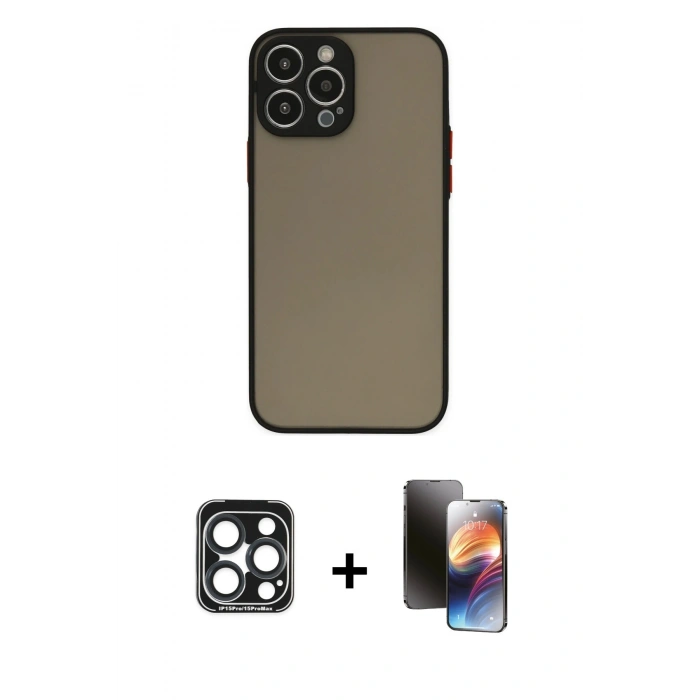 MARSİLYAN™- iPhone 15 Pro Max Kılıf Ahenk Çizgi Serisi - Siyah 3D Antistatik Mat Seramik Nano Ekran Koruyucu + PVD Metal Kamera Lens - LT