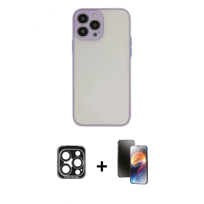 MARSİLYAN™- iPhone 15 Pro Max Kılıf Ahenk Çizgi Serisi - Siyah 3D Antistatik Mat Seramik Nano Ekran Koruyucu + PVD Metal Kamera Lens - LT