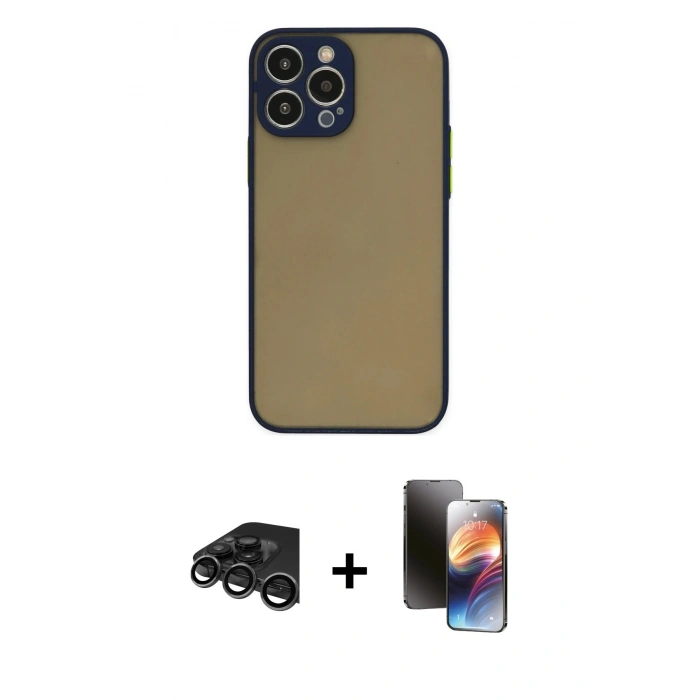 MARSİLYAN™- iPhone 15 Pro Max Kılıf Ahenk Çizgi Serisi - Siyah 3D Antistatik Mat Seramik Nano Ekran Koruyucu + Titanyum Gri Raze Metal Kamera Lens