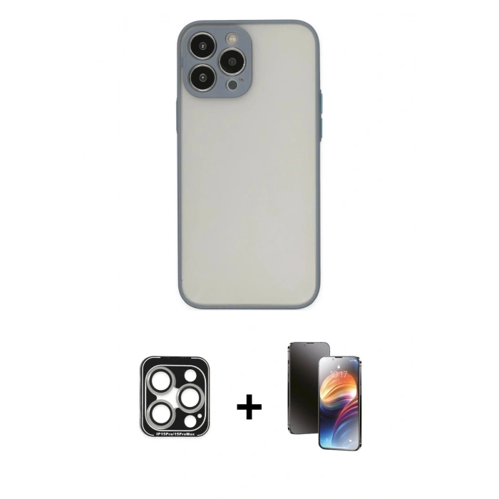 MARSİLYAN™- iPhone 15 Pro Max Kılıf Ahenk Çizgi Serisi - Siyah 3D Antistatik Mat Seramik Nano Ekran Koruyucu + PVD Metal Kamera Lens - GS