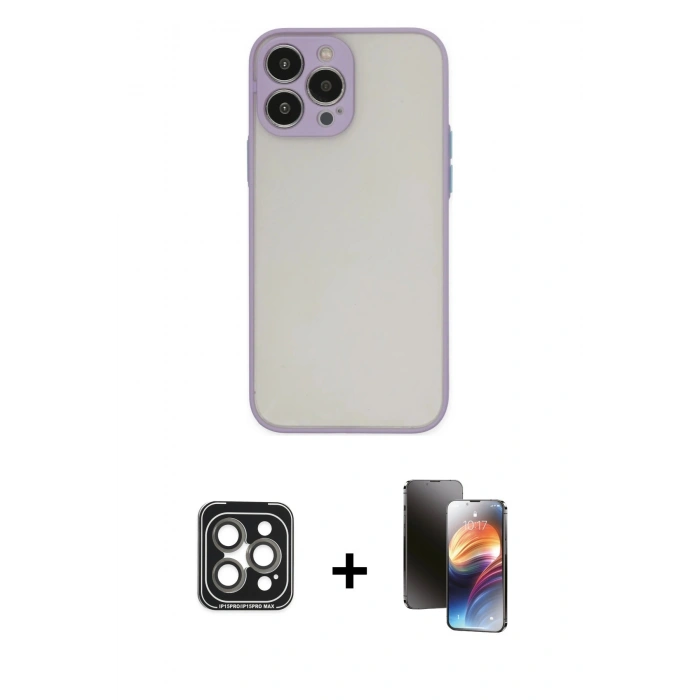 MARSİLYAN™- iPhone 15 Pro Max Kılıf Ahenk Çizgi Serisi - Siyah 3D Antistatik Mat Seramik Nano Ekran Koruyucu + PVD Metal Kamera Lens - GI