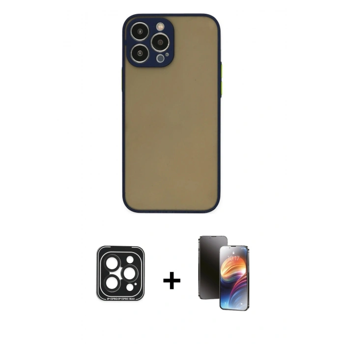MARSİLYAN™- iPhone 15 Pro Max Kılıf Ahenk Çizgi Serisi - Siyah 3D Antistatik Mat Seramik Nano Ekran Koruyucu + PVD Metal Kamera Lens - SH