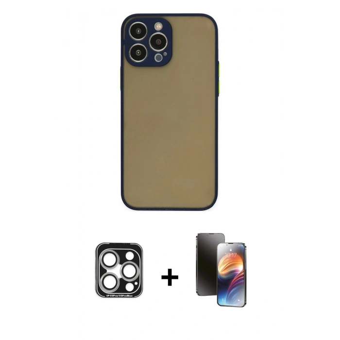 MARSİLYAN™- iPhone 15 Pro Max Kılıf Ahenk Çizgi Serisi - Siyah 3D Antistatik Mat Seramik Nano Ekran Koruyucu + PVD Metal Kamera Lens - GS