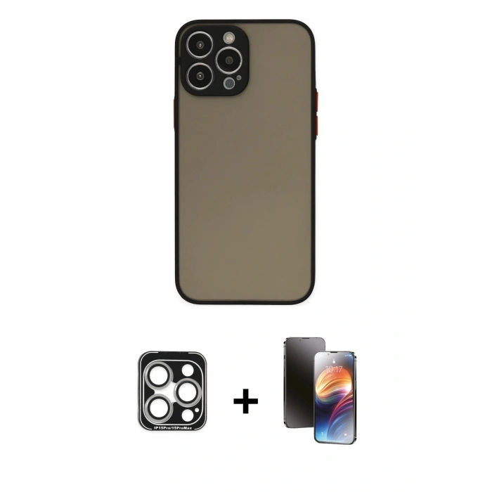 MARSİLYAN™- iPhone 15 Pro Max Kılıf Ahenk Çizgi Serisi - Siyah 3D Antistatik Mat Seramik Nano Ekran Koruyucu + PVD Metal Kamera Lens - GS