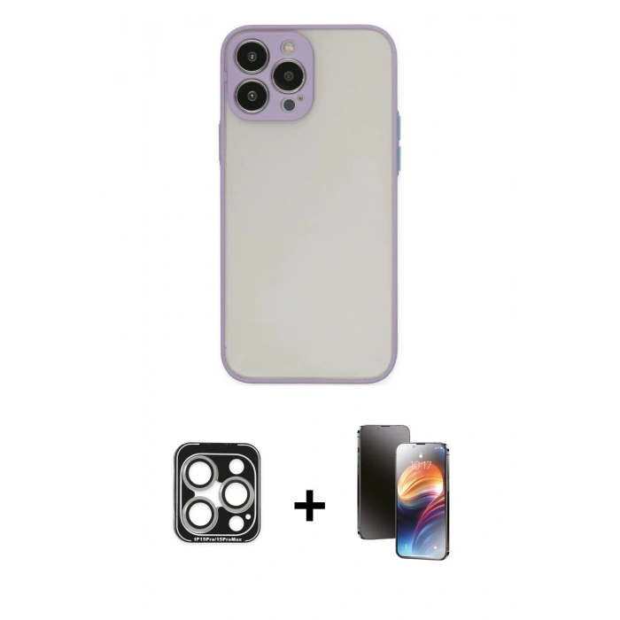 MARSİLYAN™- iPhone 15 Pro Max Kılıf Ahenk Çizgi Serisi - Siyah 3D Antistatik Mat Seramik Nano Ekran Koruyucu + PVD Metal Kamera Lens - GS