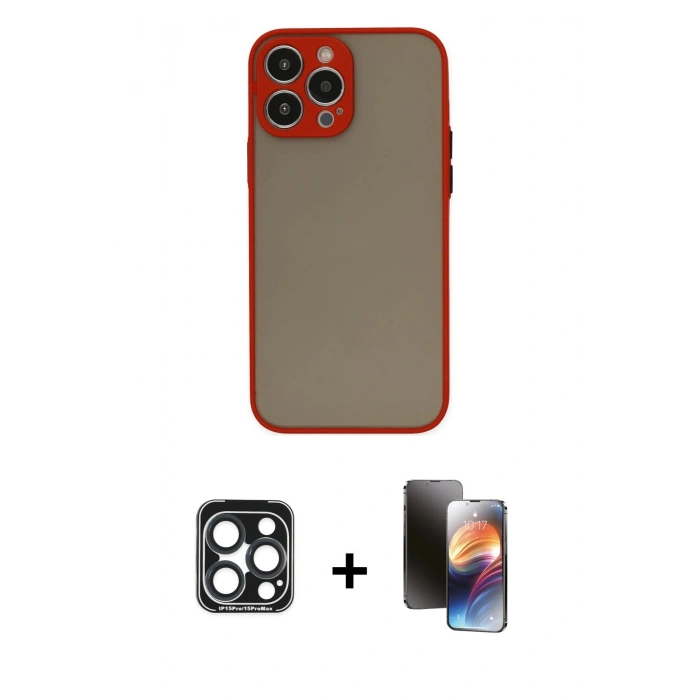 MARSİLYAN™- iPhone 15 Pro Max Kılıf Ahenk Çizgi Serisi - Siyah 3D Antistatik Mat Seramik Nano Ekran Koruyucu + PVD Metal Kamera Lens - LT