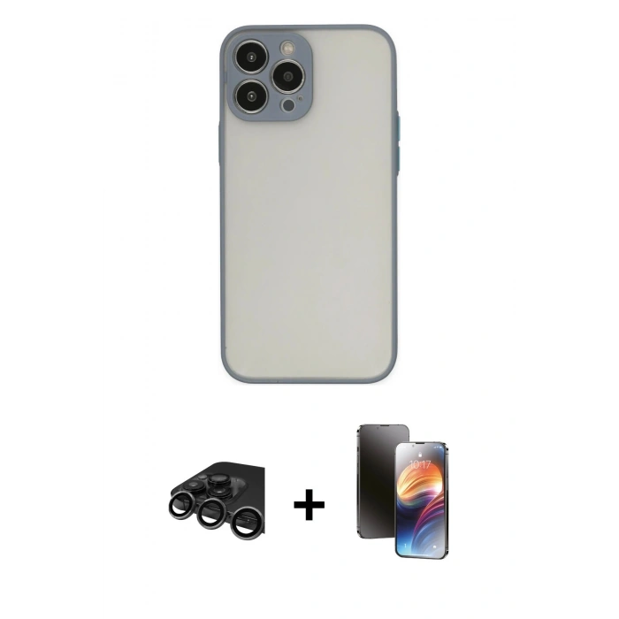 MARSİLYAN™- iPhone 15 Pro Max Kılıf Ahenk Çizgi Serisi - Siyah 3D Antistatik Mat Seramik Nano Ekran Koruyucu + Titanyum Gri Raze Metal Kamera Lens
