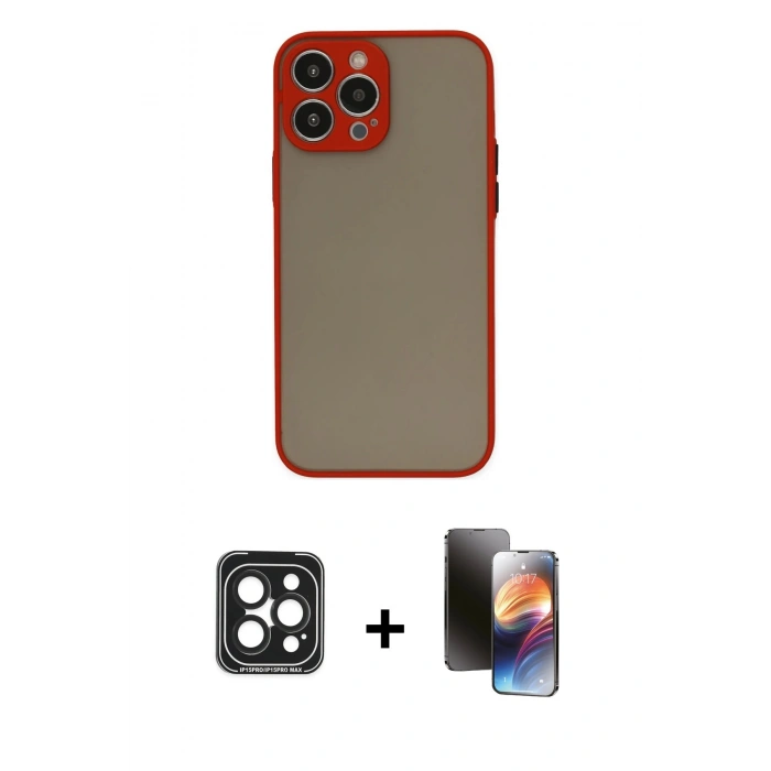 MARSİLYAN™- iPhone 15 Pro Max Kılıf Ahenk Çizgi Serisi - Siyah 3D Antistatik Mat Seramik Nano Ekran Koruyucu + PVD Metal Kamera Lens - SH