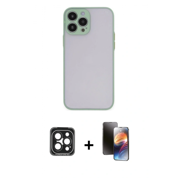 MARSİLYAN™- iPhone 15 Pro Max Kılıf Ahenk Çizgi Serisi - Siyah 3D Antistatik Mat Seramik Nano Ekran Koruyucu + PVD Metal Kamera Lens - SH