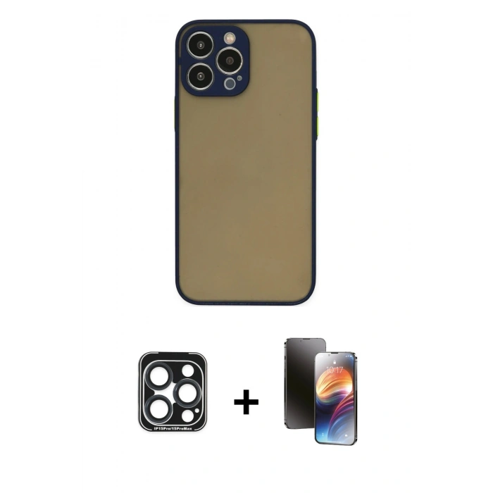MARSİLYAN™- iPhone 15 Pro Max Kılıf Ahenk Çizgi Serisi - Siyah 3D Antistatik Mat Seramik Nano Ekran Koruyucu + PVD Metal Kamera Lens - LT