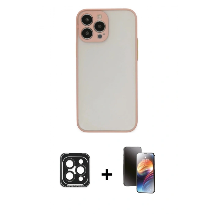 MARSİLYAN™- iPhone 15 Pro Max Kılıf Ahenk Çizgi Serisi - Siyah 3D Antistatik Mat Seramik Nano Ekran Koruyucu + PVD Metal Kamera Lens - SH