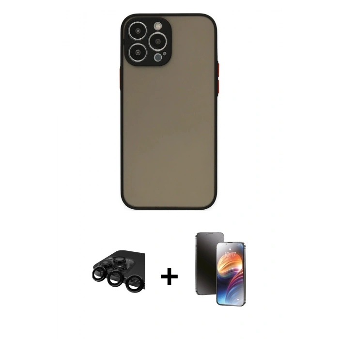 MARSİLYAN™- iPhone 15 Pro Max Kılıf Ahenk Çizgi Serisi - Siyah 3D Antistatik Mat Seramik Nano Ekran Koruyucu + Raze Metal Kamera Lens - SH