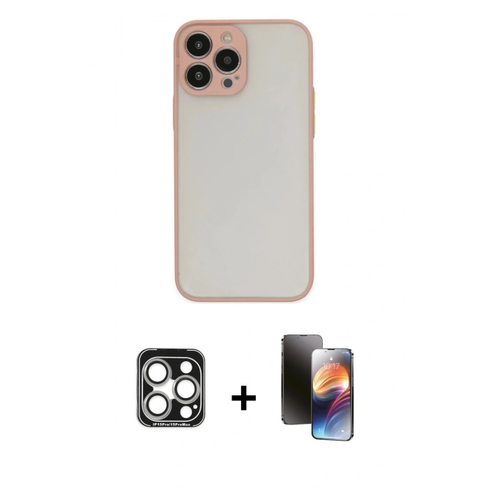 MARSİLYAN™- iPhone 15 Pro Max Kılıf Ahenk Çizgi Serisi - Siyah 3D Antistatik Mat Seramik Nano Ekran Koruyucu + PVD Metal Kamera Lens - GS