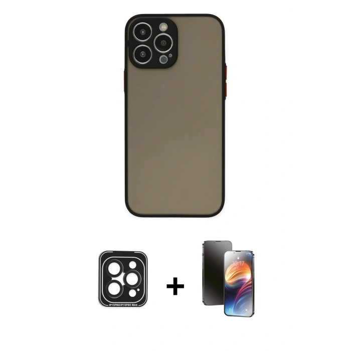 MARSİLYAN™- iPhone 15 Pro Max Kılıf Ahenk Çizgi Serisi - Siyah 3D Antistatik Mat Seramik Nano Ekran Koruyucu + PVD Metal Kamera Lens - SH