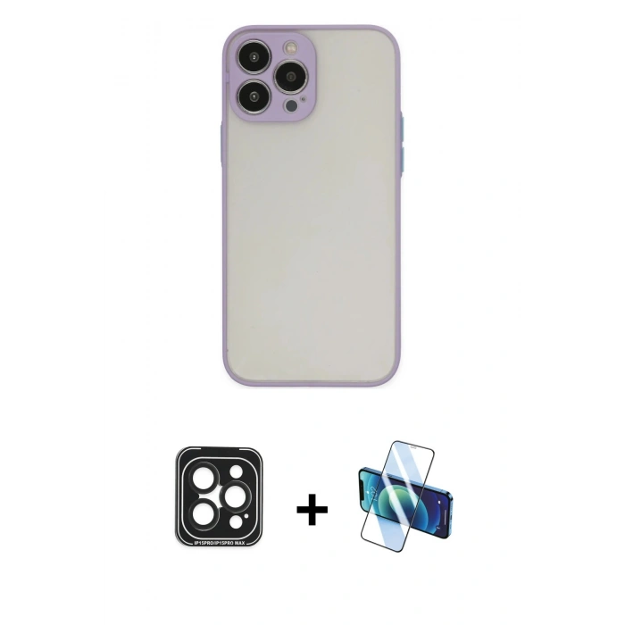 MARSİLYAN™- iPhone 15 Pro Max Kılıf Ahenk Çizgi Serisi - Siyah 3D Antistatik Seramik Nano Ekran Koruyucu + PVD Metal Kamera Lens - SH