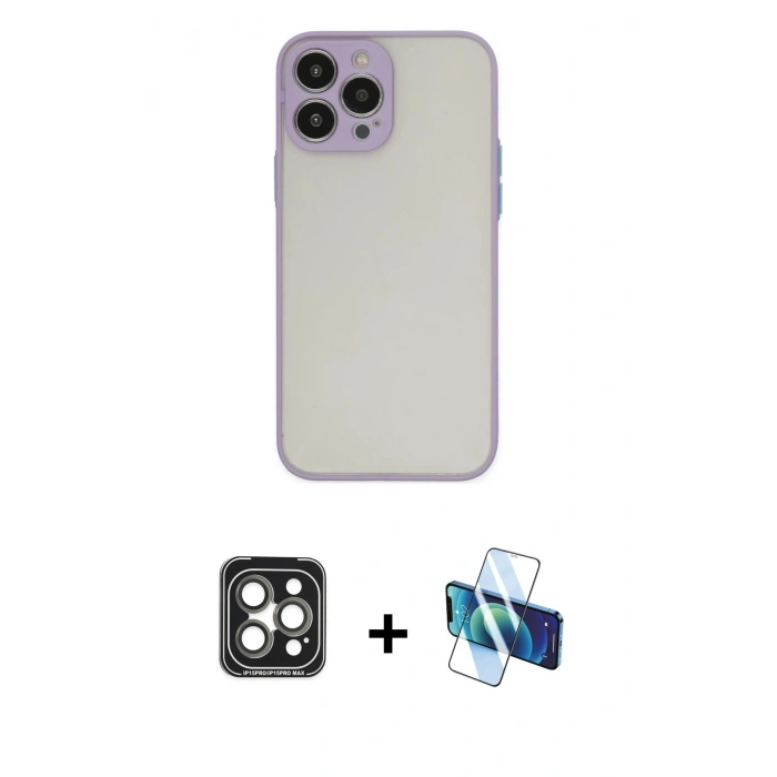 MARSİLYAN™- iPhone 15 Pro Max Kılıf Ahenk Çizgi Serisi - Siyah 3D Antistatik Seramik Nano Ekran Koruyucu + Gri PVD Metal Kamera Lens