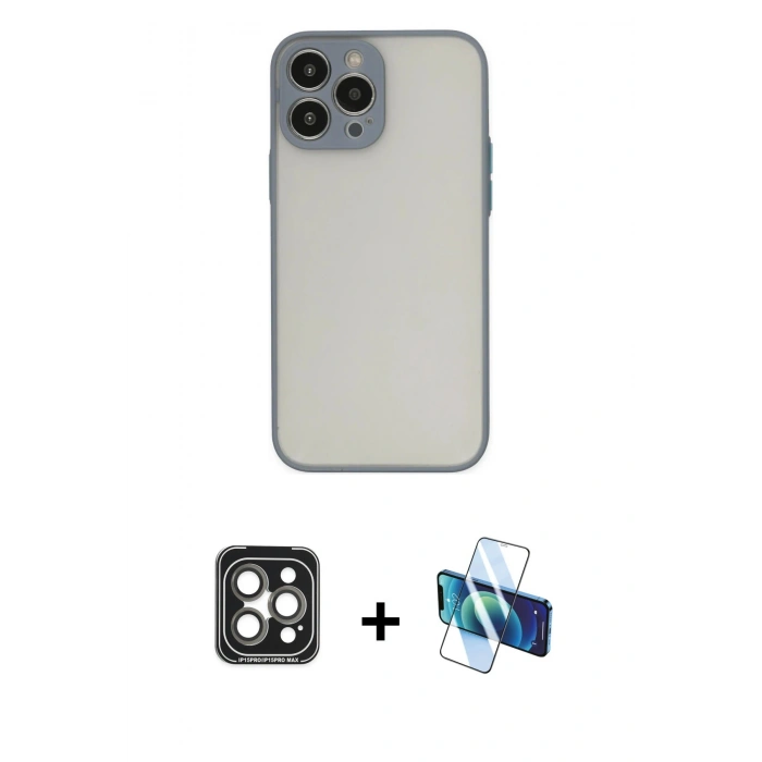 MARSİLYAN™- iPhone 15 Pro Max Kılıf Ahenk Çizgi Serisi - Siyah 3D Antistatik Seramik Nano Ekran Koruyucu + Gri PVD Metal Kamera Lens