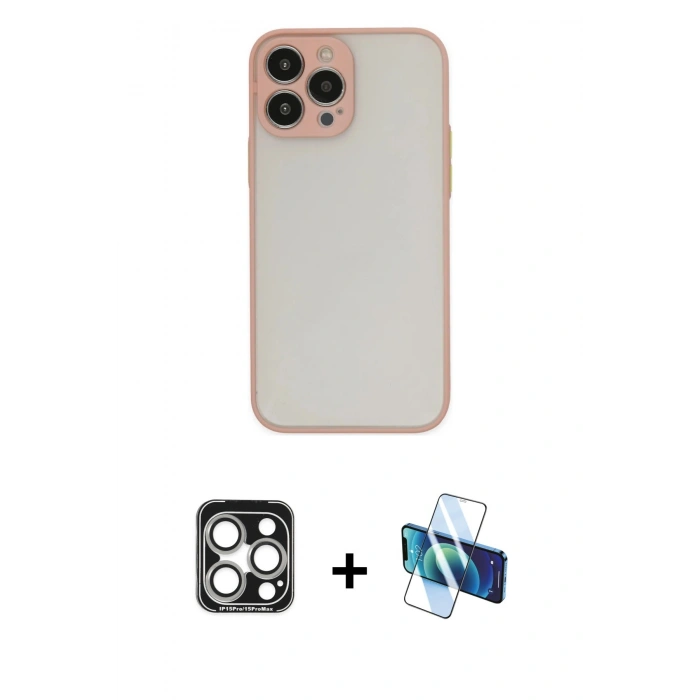 MARSİLYAN™- iPhone 15 Pro Max Kılıf Ahenk Çizgi Serisi - Siyah 3D Antistatik Seramik Nano Ekran Koruyucu + PVD Metal Kamera Lens - GS