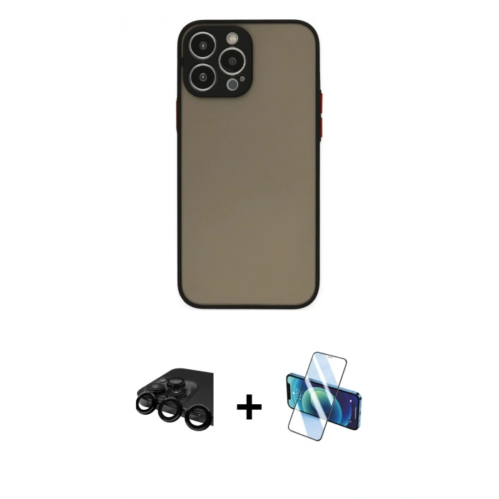 MARSİLYAN™- iPhone 15 Pro Max Kılıf Ahenk Çizgi Serisi - Siyah 3D Antistatik Seramik Nano Ekran Koruyucu + Raze Metal Kamera Lens - SH