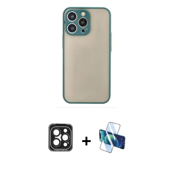 MARSİLYAN™- iPhone 15 Pro Max Kılıf Ahenk Çizgi Serisi - Siyah 3D Antistatik Seramik Nano Ekran Koruyucu + PVD Metal Kamera Lens - SH