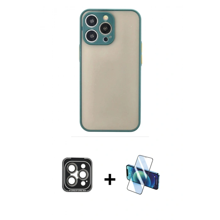 MARSİLYAN™- iPhone 15 Pro Max Kılıf Ahenk Çizgi Serisi - Siyah 3D Antistatik Seramik Nano Ekran Koruyucu + Gri PVD Metal Kamera Lens