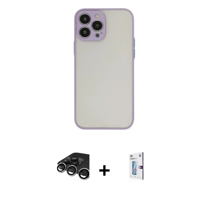 MARSİLYAN™- iPhone 15 Pro Max Kılıf Ahenk Çizgi Serisi - Siyah Bilvis 0.18mm Plus Cam Ekran Koruyucu + Gümüş Raze Metal Kamera Lens