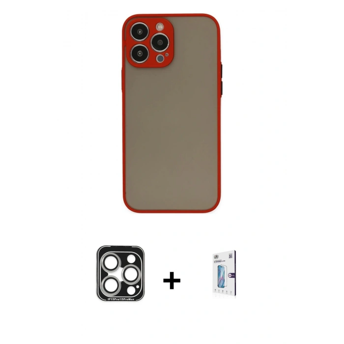 MARSİLYAN™- iPhone 15 Pro Max Kılıf Ahenk Çizgi Serisi - Siyah Bilvis 0.18mm Plus Cam Ekran Koruyucu + PVD Metal Kamera Lens - GS