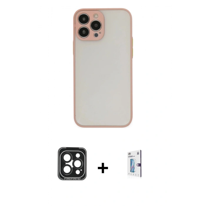 MARSİLYAN™- iPhone 15 Pro Max Kılıf Ahenk Çizgi Serisi - Siyah Bilvis 0.18mm Plus Cam Ekran Koruyucu + PVD Metal Kamera Lens - SH