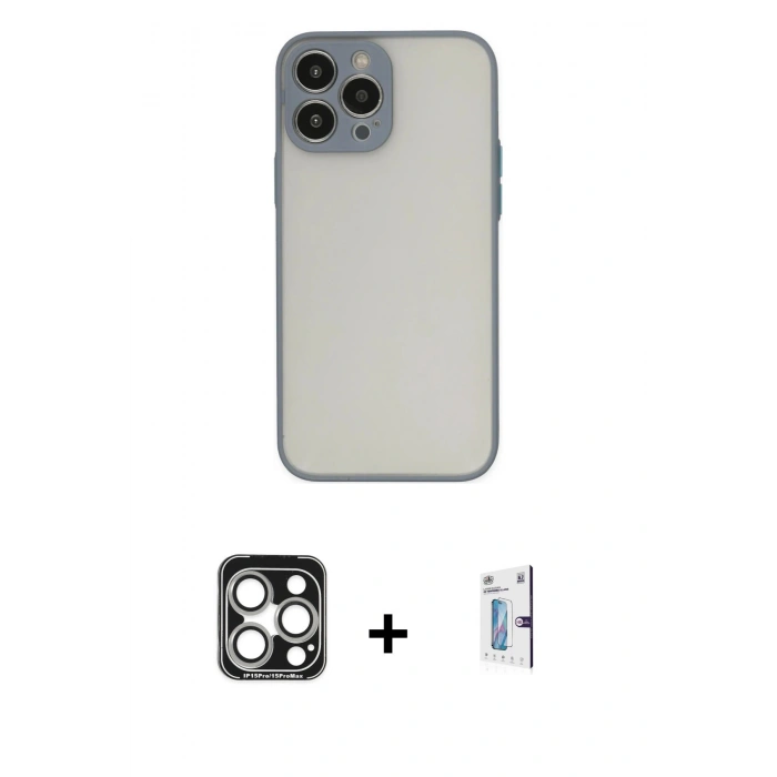 MARSİLYAN™- iPhone 15 Pro Max Kılıf Ahenk Çizgi Serisi - Siyah Bilvis 0.18mm Plus Cam Ekran Koruyucu + PVD Metal Kamera Lens - GS