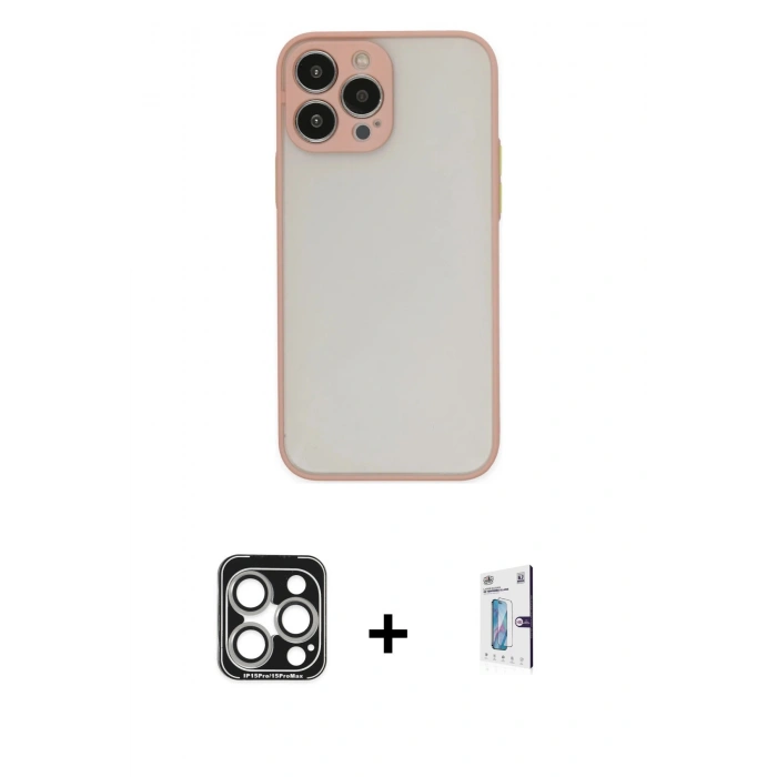 MARSİLYAN™- iPhone 15 Pro Max Kılıf Ahenk Çizgi Serisi - Siyah Bilvis 0.18mm Plus Cam Ekran Koruyucu + PVD Metal Kamera Lens - GS