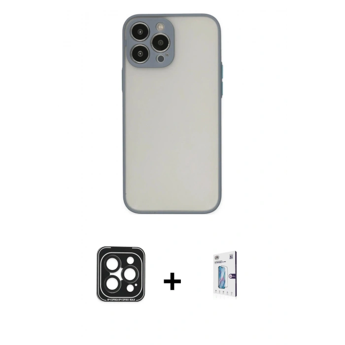 MARSİLYAN™- iPhone 15 Pro Max Kılıf Ahenk Çizgi Serisi - Siyah Bilvis 0.18mm Plus Cam Ekran Koruyucu + PVD Metal Kamera Lens - SH