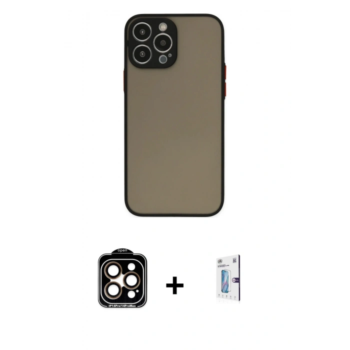 MARSİLYAN™- iPhone 15 Pro Max Kılıf Ahenk Çizgi Serisi - Siyah Bilvis 0.18mm Plus Cam Ekran Koruyucu + Turuncu PVD Metal Kamera Lens