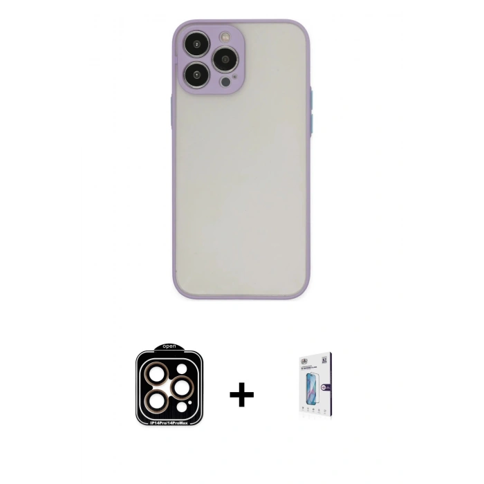 MARSİLYAN™- iPhone 15 Pro Max Kılıf Ahenk Çizgi Serisi - Siyah Bilvis 0.18mm Plus Cam Ekran Koruyucu + Turuncu PVD Metal Kamera Lens