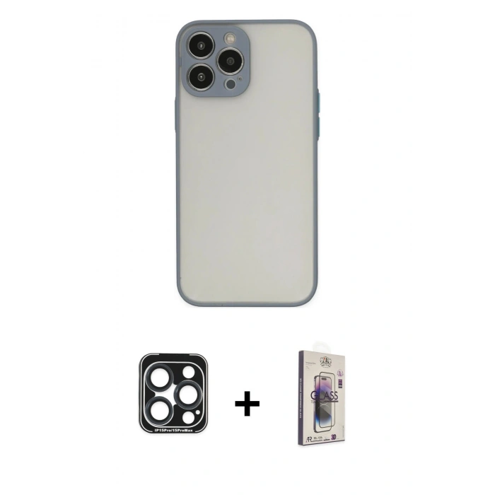 MARSİLYAN™- iPhone 15 Pro Max Kılıf Ahenk Çizgi Serisi - Siyah Bilvis 3D Cam Ekran Koruyucu + PVD Metal Kamera Lens - LT
